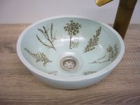 Handwaschbecken, Keramik, gr&uuml;n-braun, Wiesenblumen