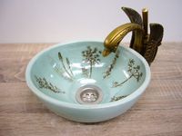 Kleines Hand-Waschbecken, Keramik, Wiesenblumen, gr&uuml;n-braune Glasur
